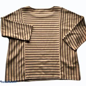 Chicos Size 1 Medium Carmel Brown Black Striped Top Knit Poly Blend